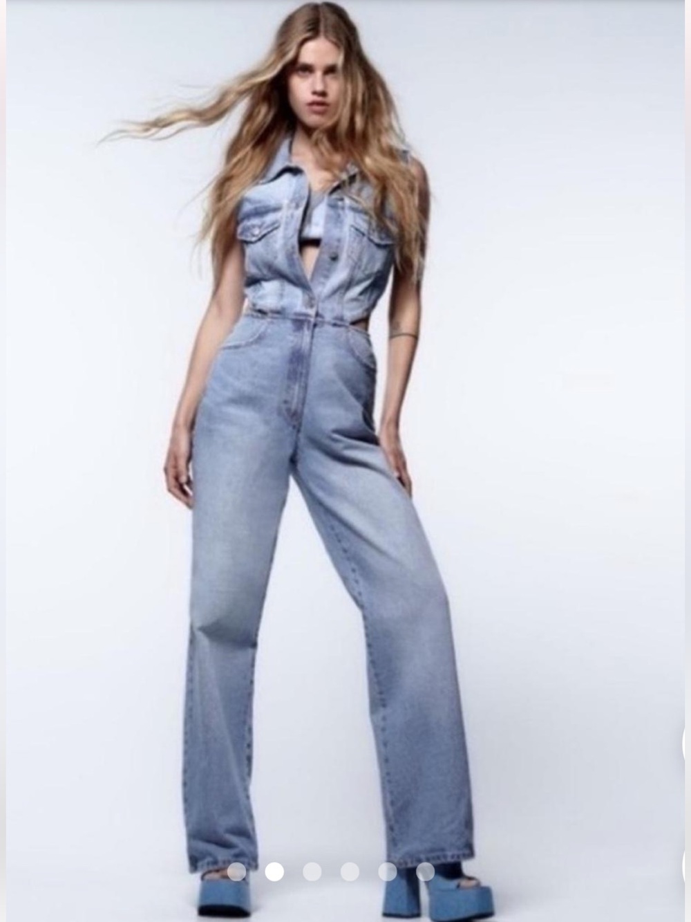NWT ZARA Light Blue Denim Cutout Jumpsuit - Women Large
